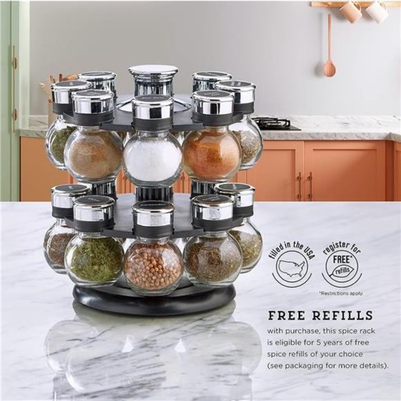 16 Jar Ellington Revolving Countertop Spice Rack with Lift & Pour Caps & Spices - Picture 3 of 6